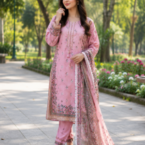 elegant pastel pink printed 3 piece lawn suit