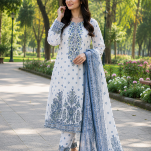 serene off white and blue printed 3 piece lawn suit